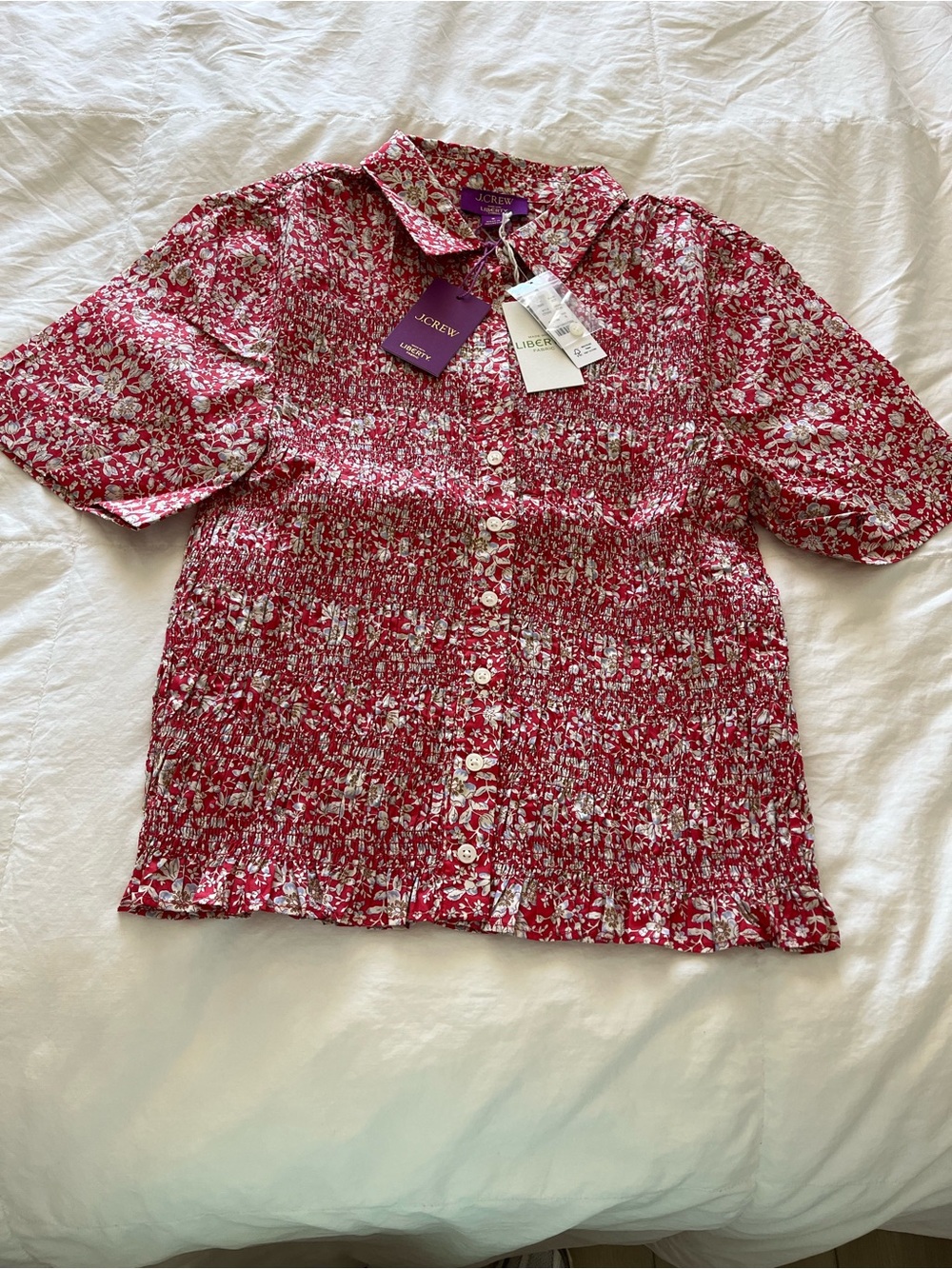 J.Crew Red and White Floral Button-Up Smocked Top